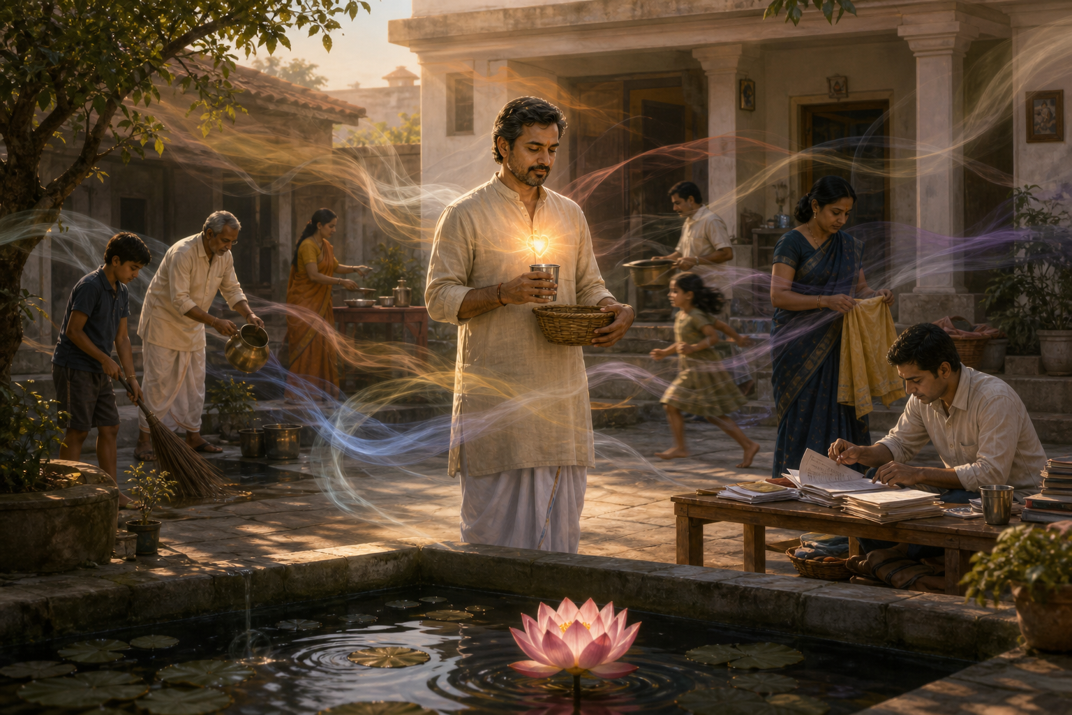 A calm householder works in a busy courtyard while translucent currents swirl nearby and a lotus rises from dark water in the foreground.