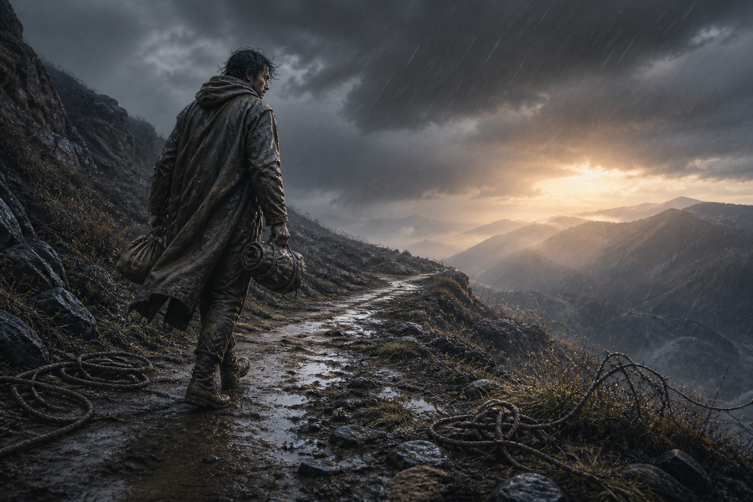 A traveler continues through wind and rain on a muddy mountain path while loose cords and thorny vines remain unfastened at their feet.