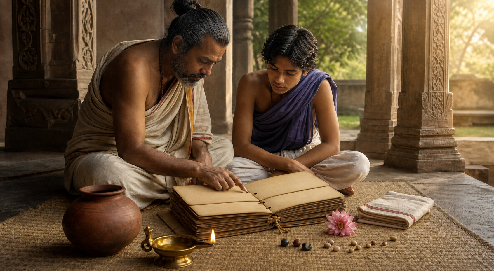 A scholar and student sit beside a blank palm-leaf manuscript and a carefully arranged group of everyday objects in a sunlit veranda.