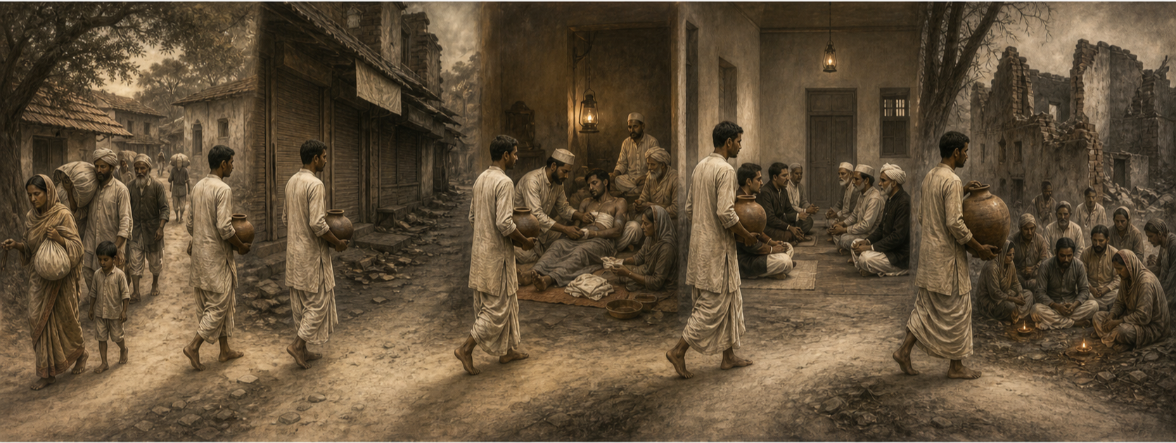 A panoramic sequence shows displacement, a closed market, relief work, negotiation, and mourning in colonial-era India, linked by a lone person carrying a growing burden.