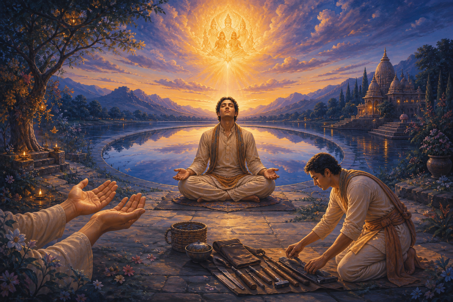 A contemplative figure sits beside a clear pool and devotional light, with open hands and practical tools arranged in the surrounding landscape.