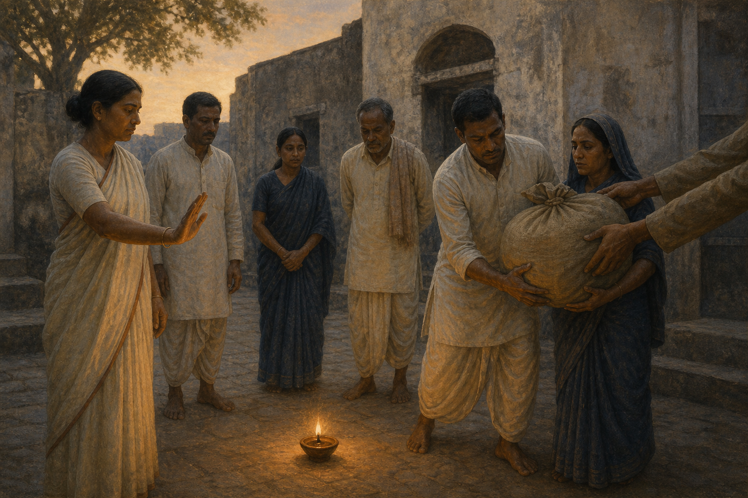 People gather around an oil lamp as one person chooses a gesture of restraint, another receives a heavy sack, and a third steps forward to share the burden.