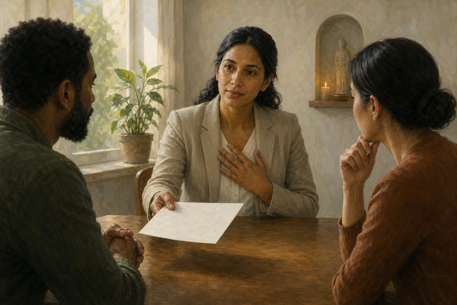 A professional calmly offers a document during a tense conversation while two concerned people sit across the table.