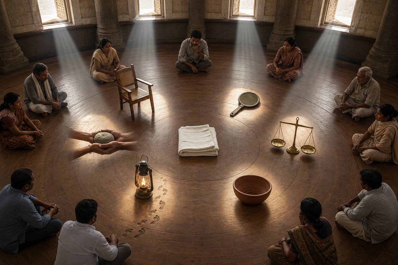 Citizens examine six symbolic objects arranged around a folded white shawl, including a chair, mirror, scale, bowl, lantern, and jointly supported stone.