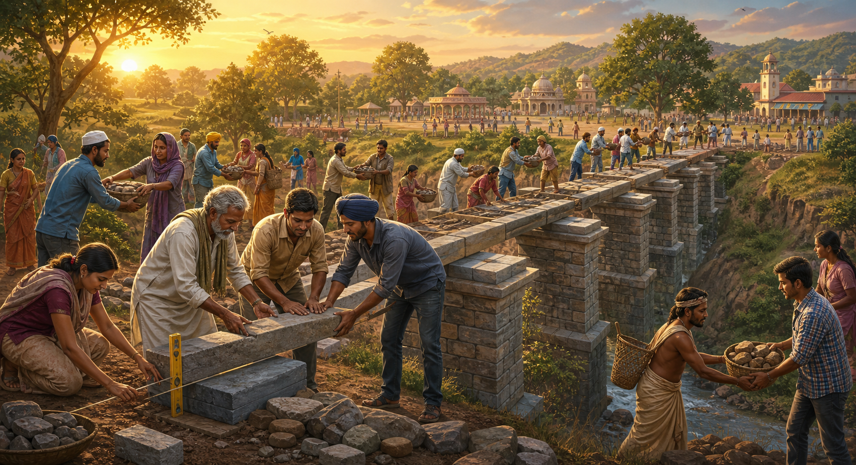 A diverse group of Indian citizens builds a stone footbridge together on evenly leveled foundations as families cooperate from both sides of a ravine.