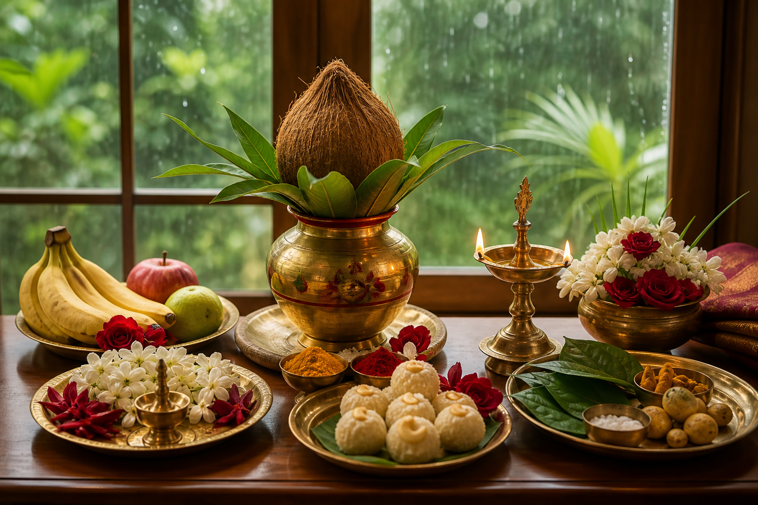 A home puja altar with a brass kalasha, coconut, mango leaves, oil lamp, flowers, fruit, and sweets beside a rain-lit window.