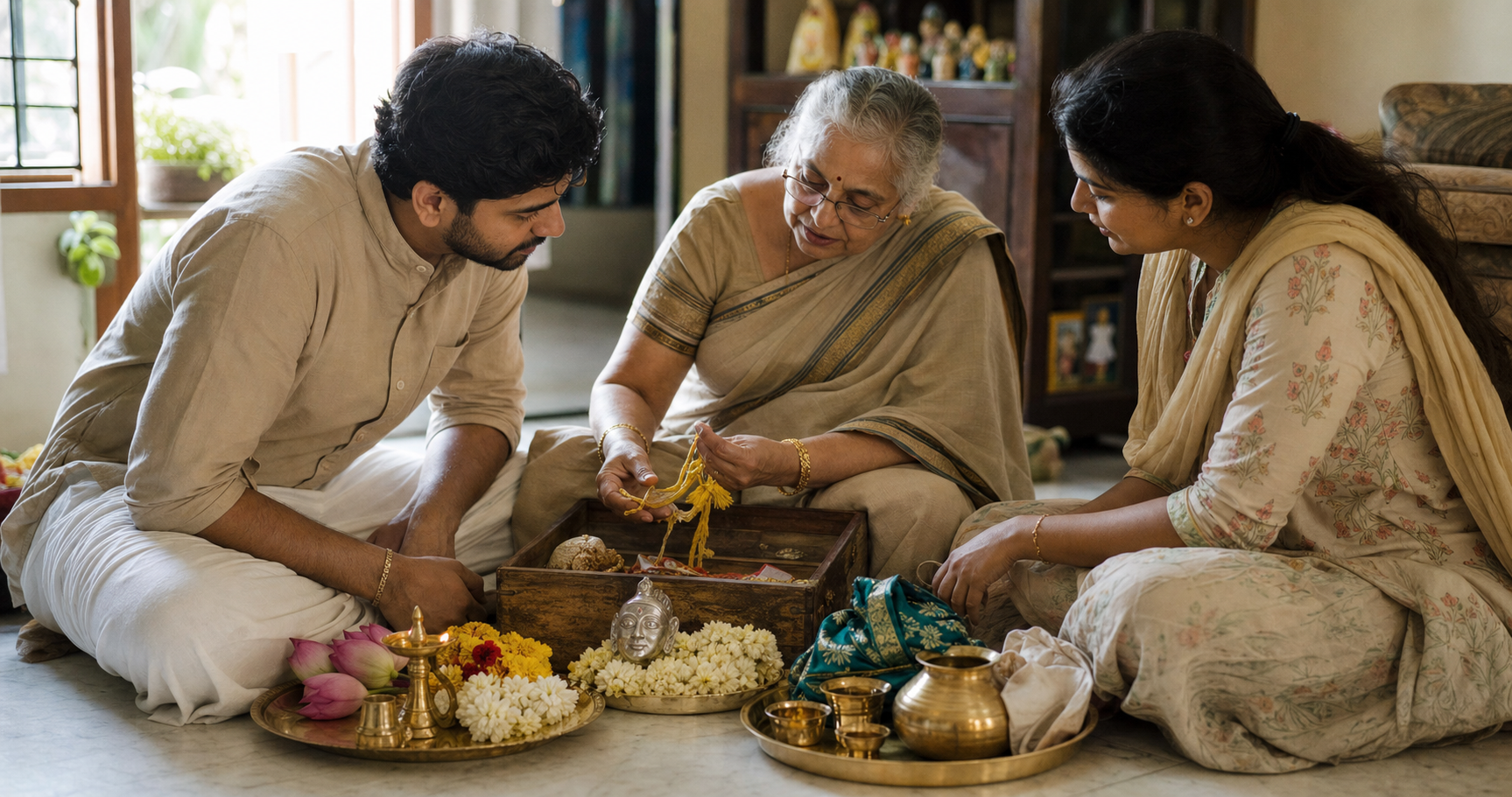Three generations of a family examine inherited puja vessels, a sacred thread, flowers, and separate offering trays for a Shravana Friday tradition.
