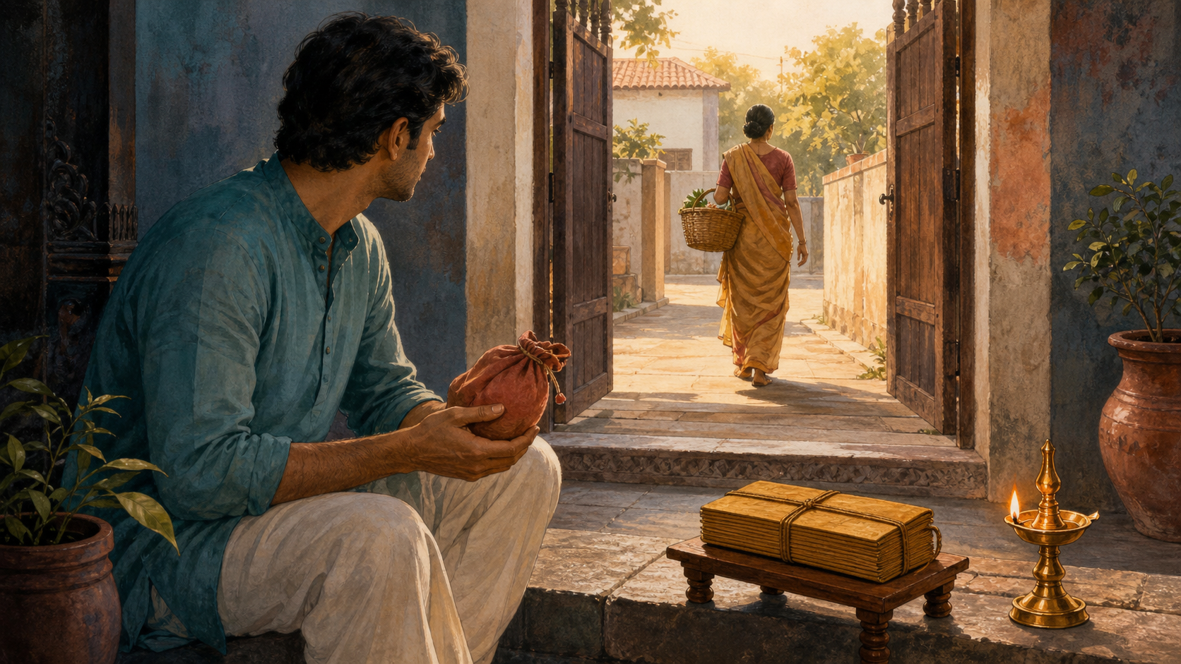 An adult pauses in an Indian courtyard while holding a fallen cloth purse and looking toward its owner, with wrapped palm-leaf folios and an oil lamp nearby.
