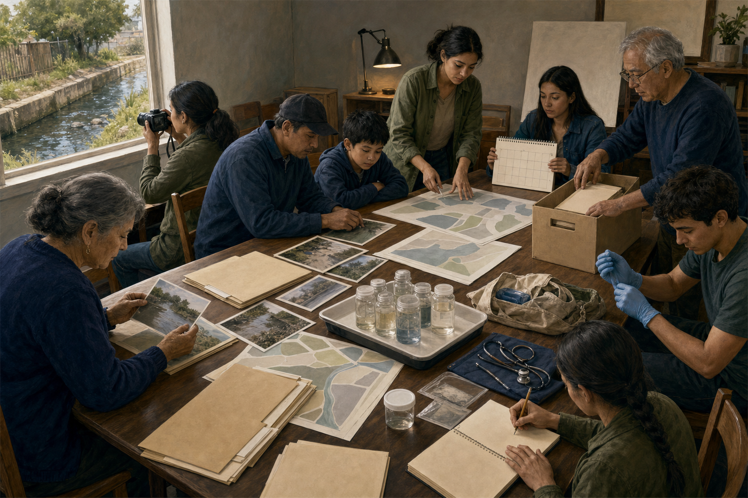 Community members organize folders, site photographs, maps, and sample containers while documenting concerns for a civic submission.
