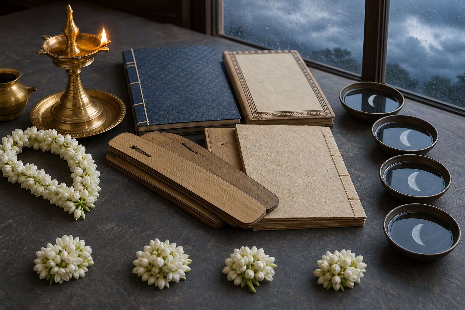 A brass lamp, jasmine, blank almanac-like folios, flower clusters, and water bowls reflecting moon shapes evoke regional calendar choices.