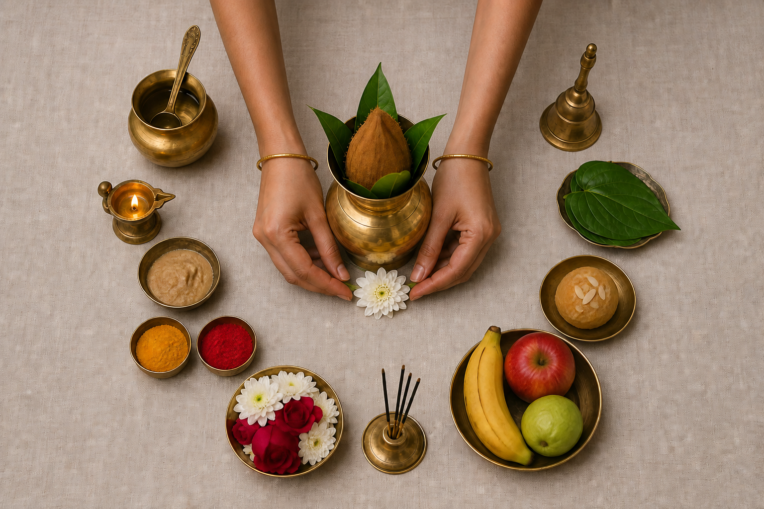 Hands arrange flowers around a brass kalasha with water, lamp, incense, powders, fruit, sweets, betel leaves, and a bell laid out for home puja.