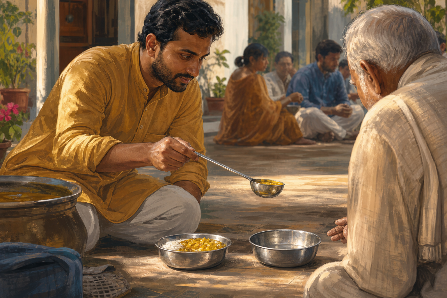 An adult at a communal meal pauses with a ladle between a filled bowl and an empty bowl awaiting an elderly guest.