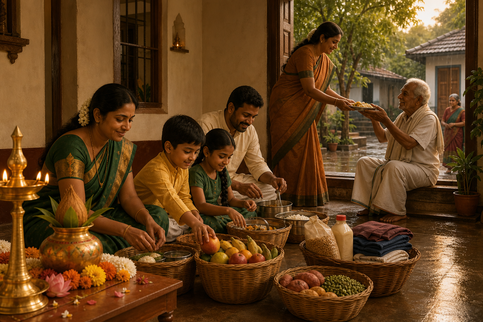 A family prepares baskets of food and provisions to share while serving an elderly guest beside a flower-decorated home puja altar.