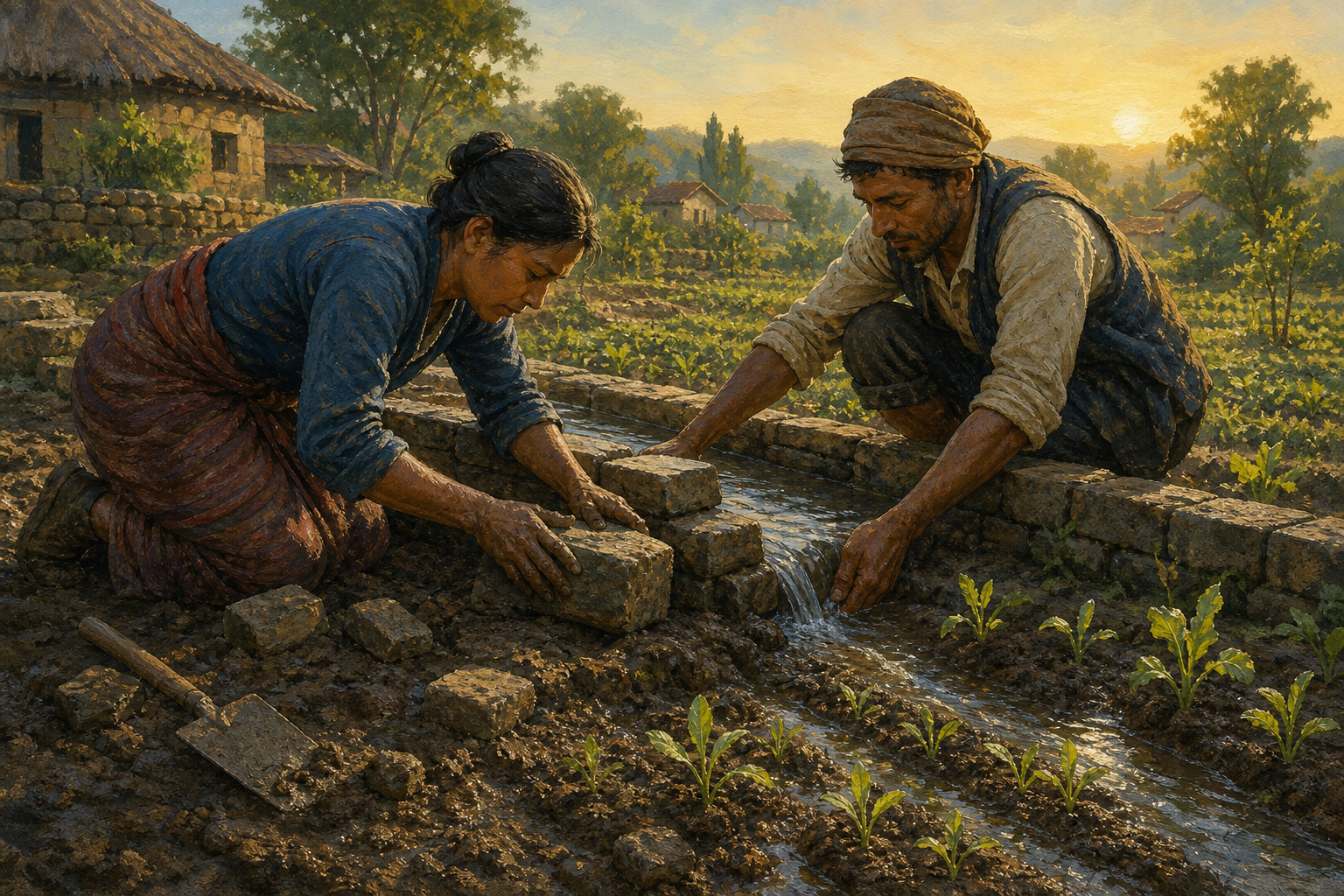Two adults rebuild a damaged stone irrigation channel as water begins to flow toward rows of young plants.