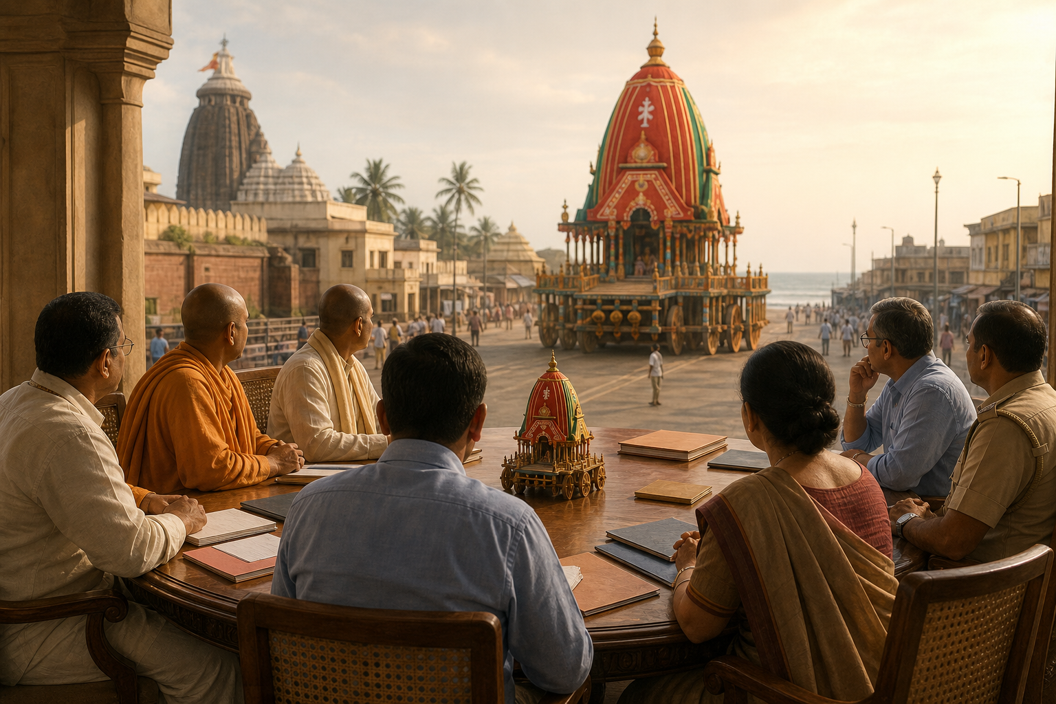 Anonymous religious and professional representatives meet around a table overlooking a traditional Ratha-yatra chariot in Puri.