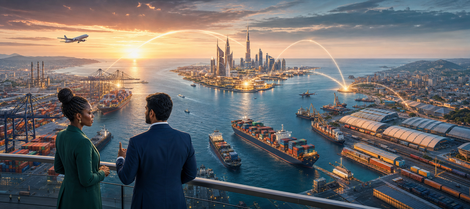 Indian and African business leaders overlook ships, aircraft and ports connecting an Indian coastal hub, Dubai and an East African city across the Indian Ocean.