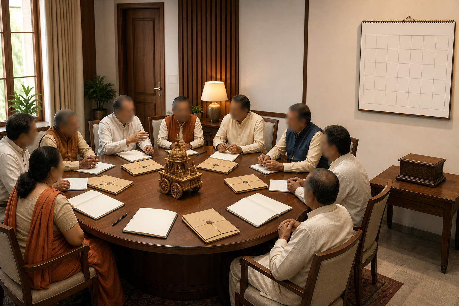 A committee discusses documents around a model chariot while a blank calendar and closed stamp box remain separate from the table.