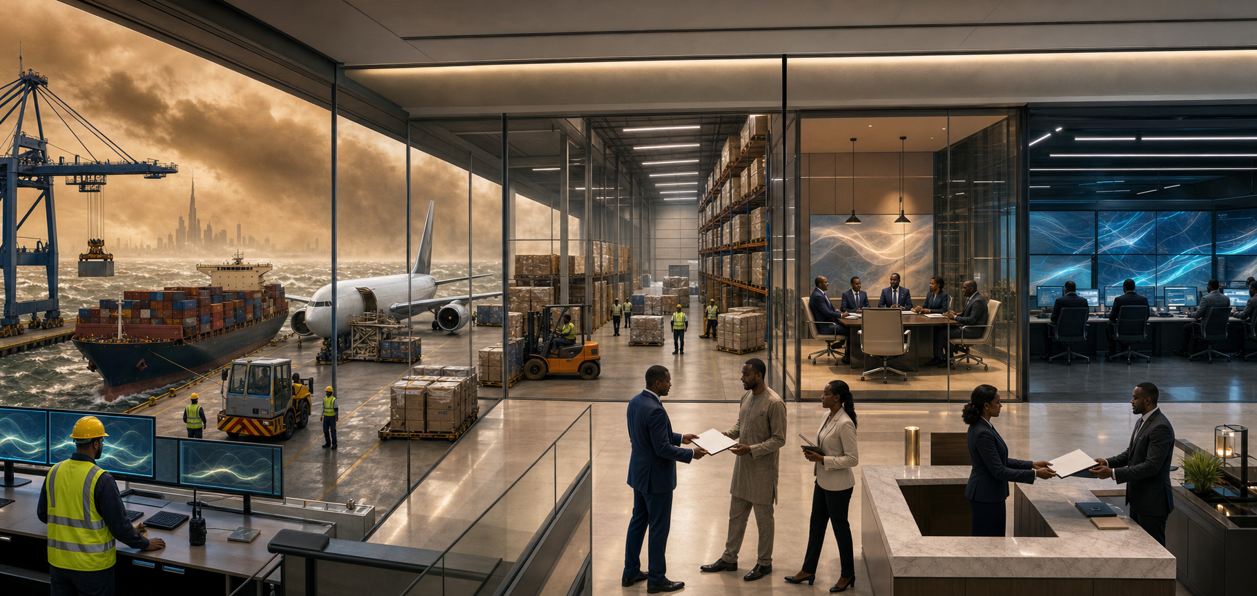 African traders and logistics staff work across a connected Dubai port, warehouse, air-cargo terminal and financial center while a storm gathers outside.
