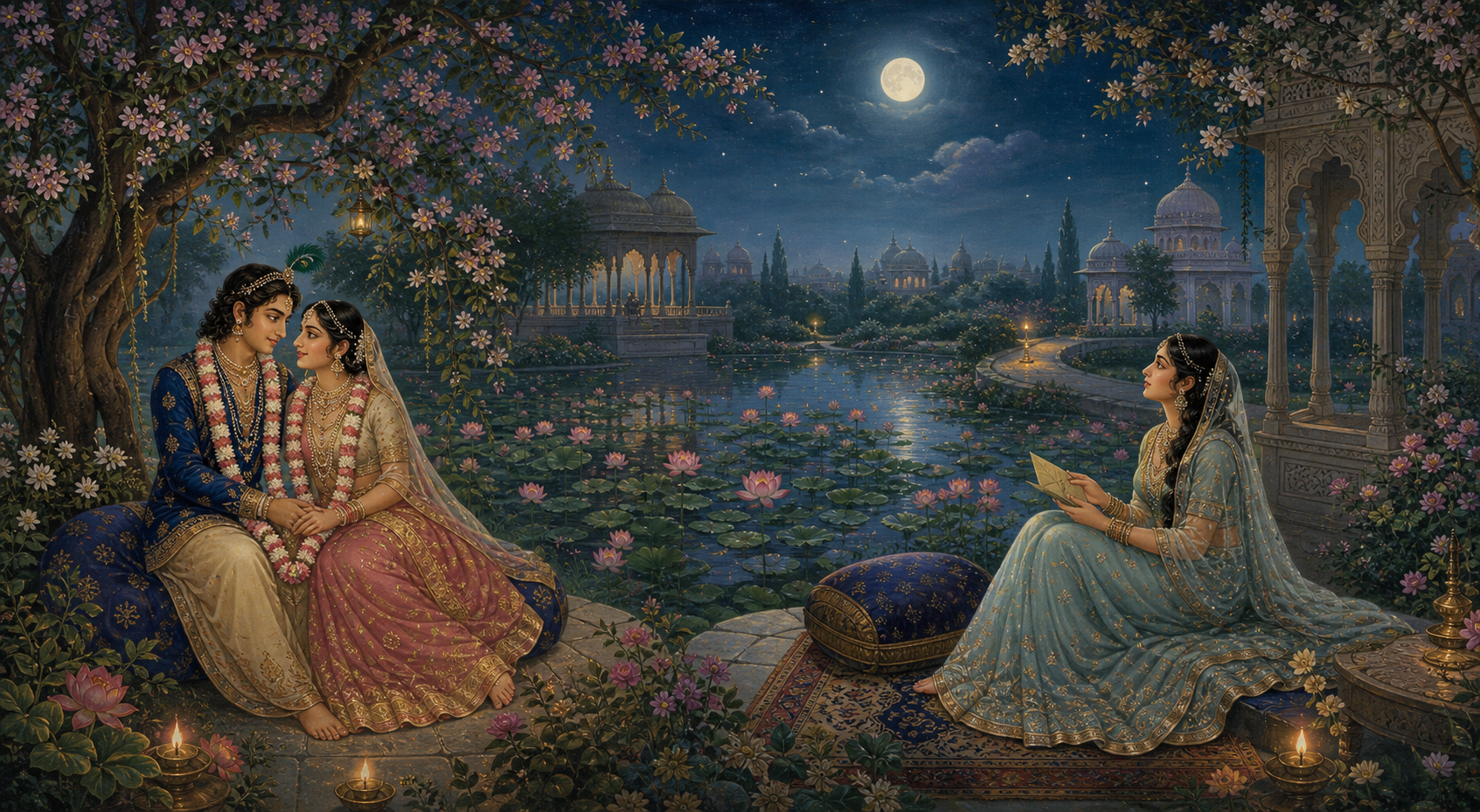 A continuous moonlit garden shows two adults seated together beneath a flowering tree on one side and a solitary figure beside an empty cushion on the other.