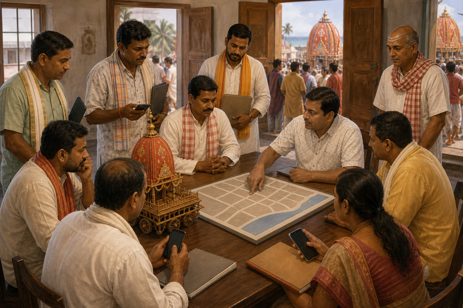 Temple and community representatives coordinate around one desk with phones, blank folders, an unlabelled street layout, and a model chariot.