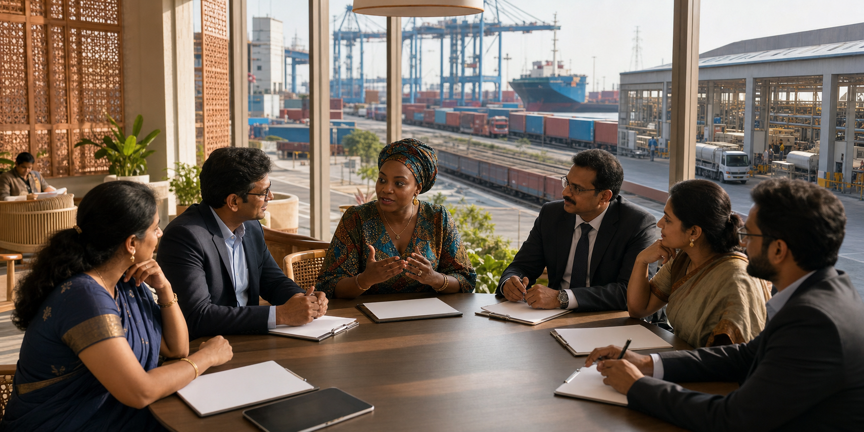 An African manufacturing executive meets Indian banking, insurance, legal, customs and shipping specialists at a trade campus overlooking a port and freight terminal.