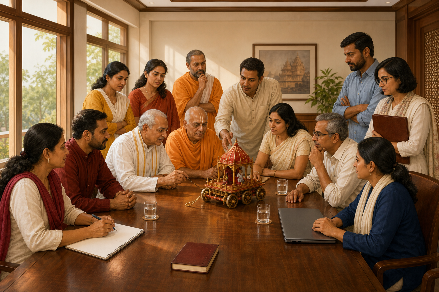 Anonymous devotional leaders, advisers, administrators, and festival organizers gather around a table with a small chariot model.
