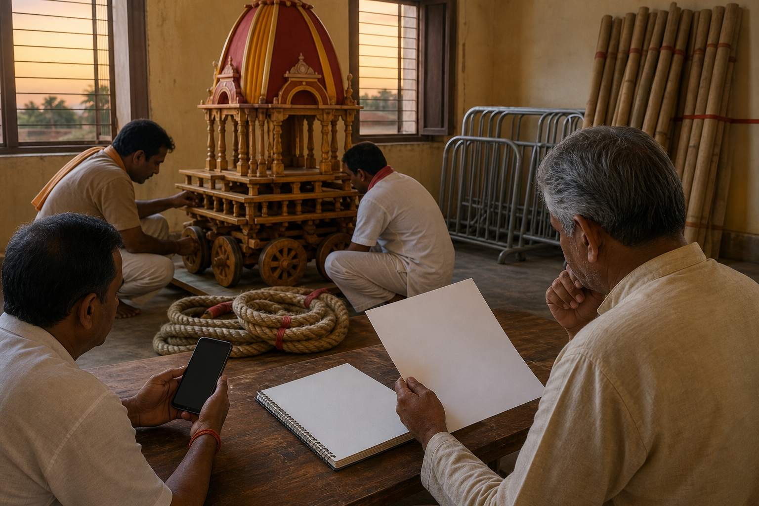 Local festival organizers review unmarked plans beside chariot materials, a blank phone screen, and a closed calendar.