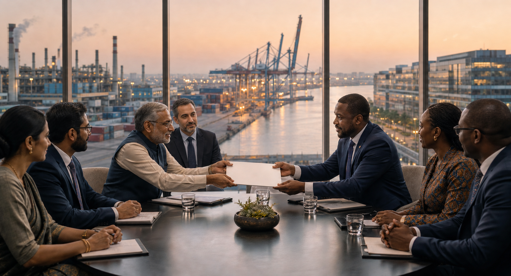 Indian and African business delegations negotiate directly at a round table in Dubai while a Gulf-based facilitator supports the meeting from the side.