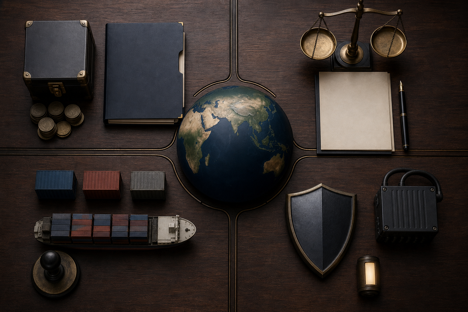 An operations table displays four connected groups of objects representing finance, contracts, cargo logistics and business continuity around an unlabeled globe.