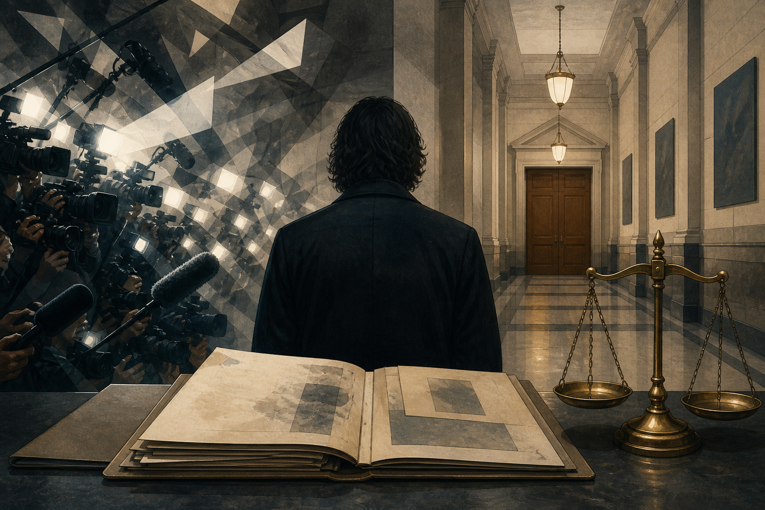 An anonymous figure stands in a courthouse corridor between media cameras and closed courtroom doors, with a case file and balanced scales in the foreground.