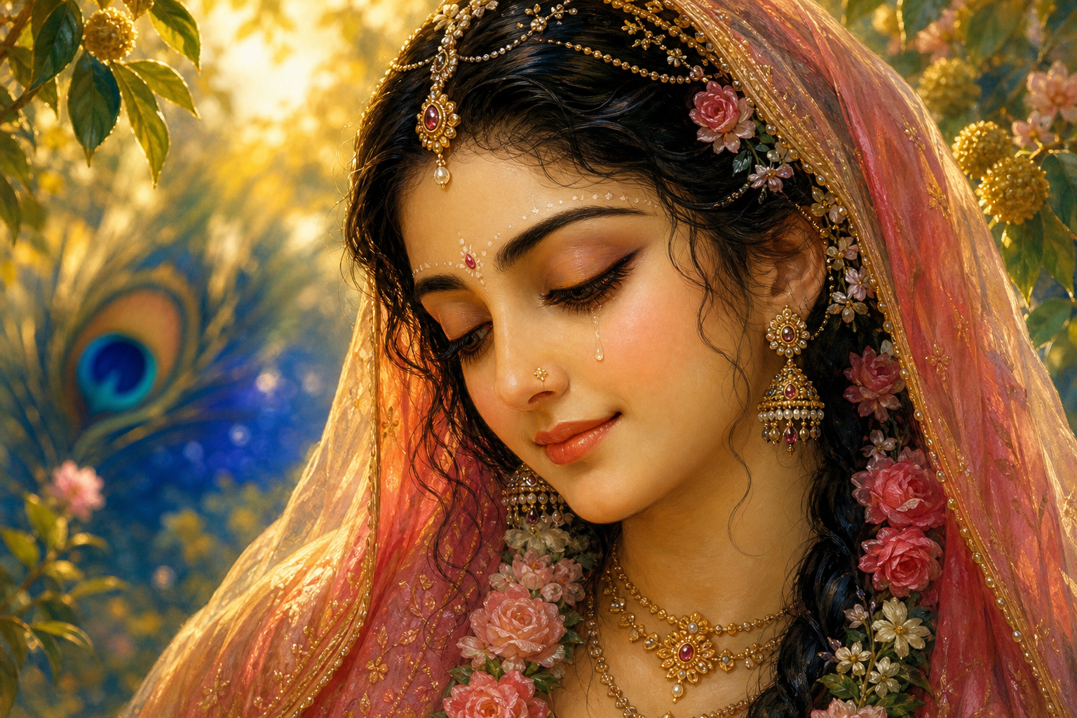 Devotional illustration of Sri Radha with lowered tear-bright eyes, a gentle smile, a translucent veil, traditional jewelry, and flowering branches behind Her.