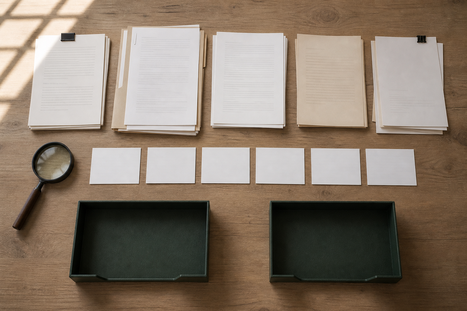 Organized legal documents, blank evidence cards, two trays, and a magnifying glass lie on a desk prepared for factual review.