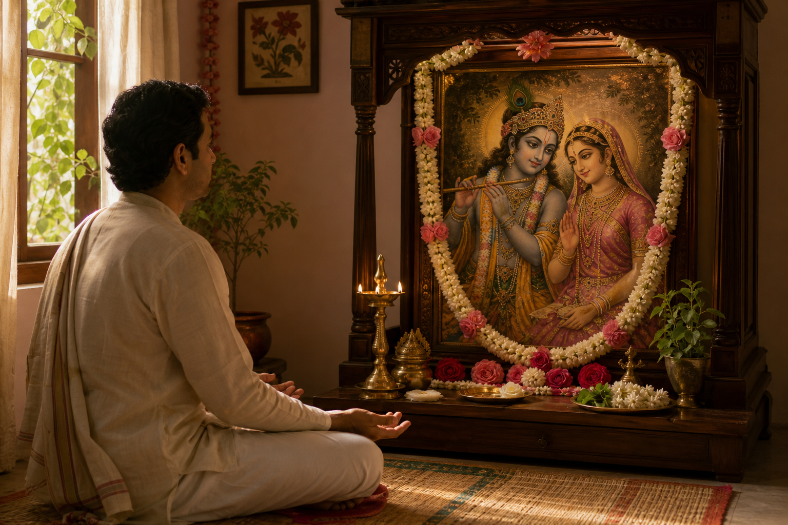 An adult practitioner sits on a mat and looks toward Sri Radha and Krishna on a flower-adorned home shrine lit by a small oil lamp.