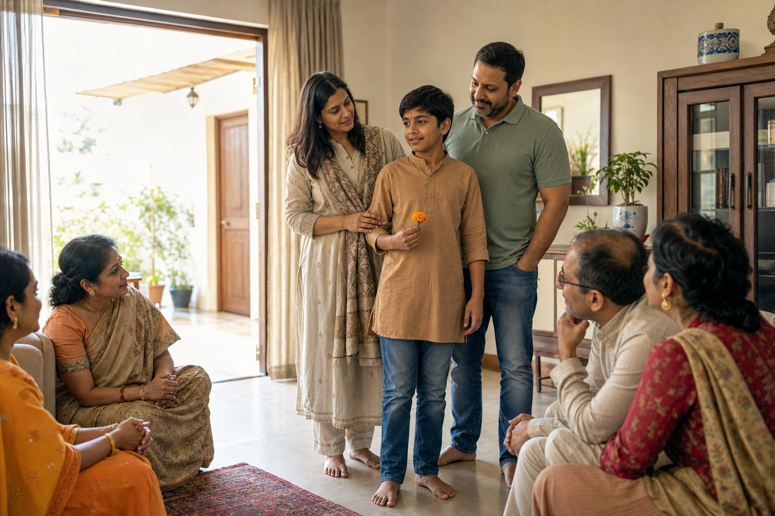 A child with a marigold flower and tilak stands supported by both parents while relatives listen at a family gathering.
