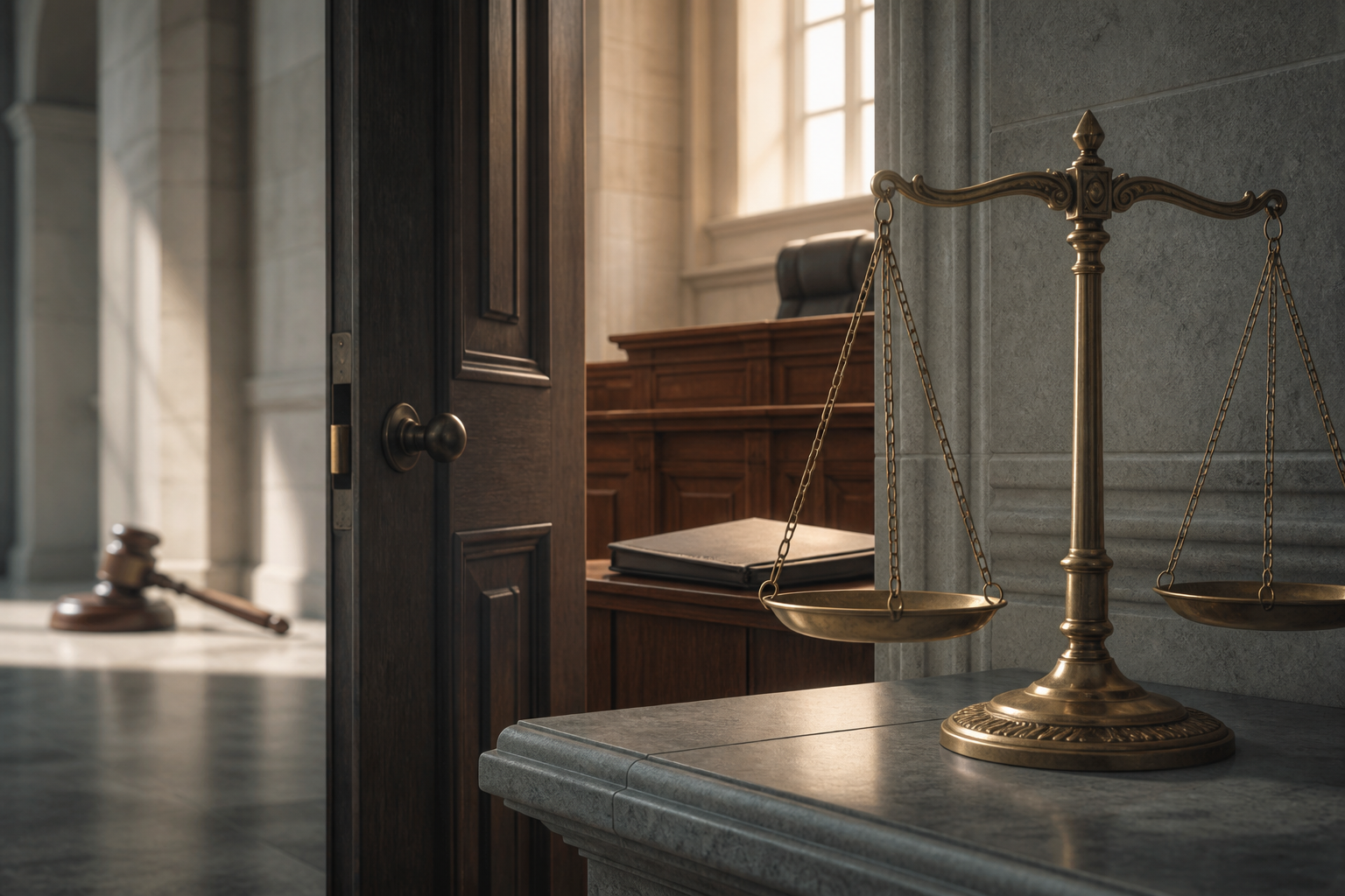 A balance scale and closed case file sit inside a courtroom doorway while a distant gavel appears blurred beyond the room.