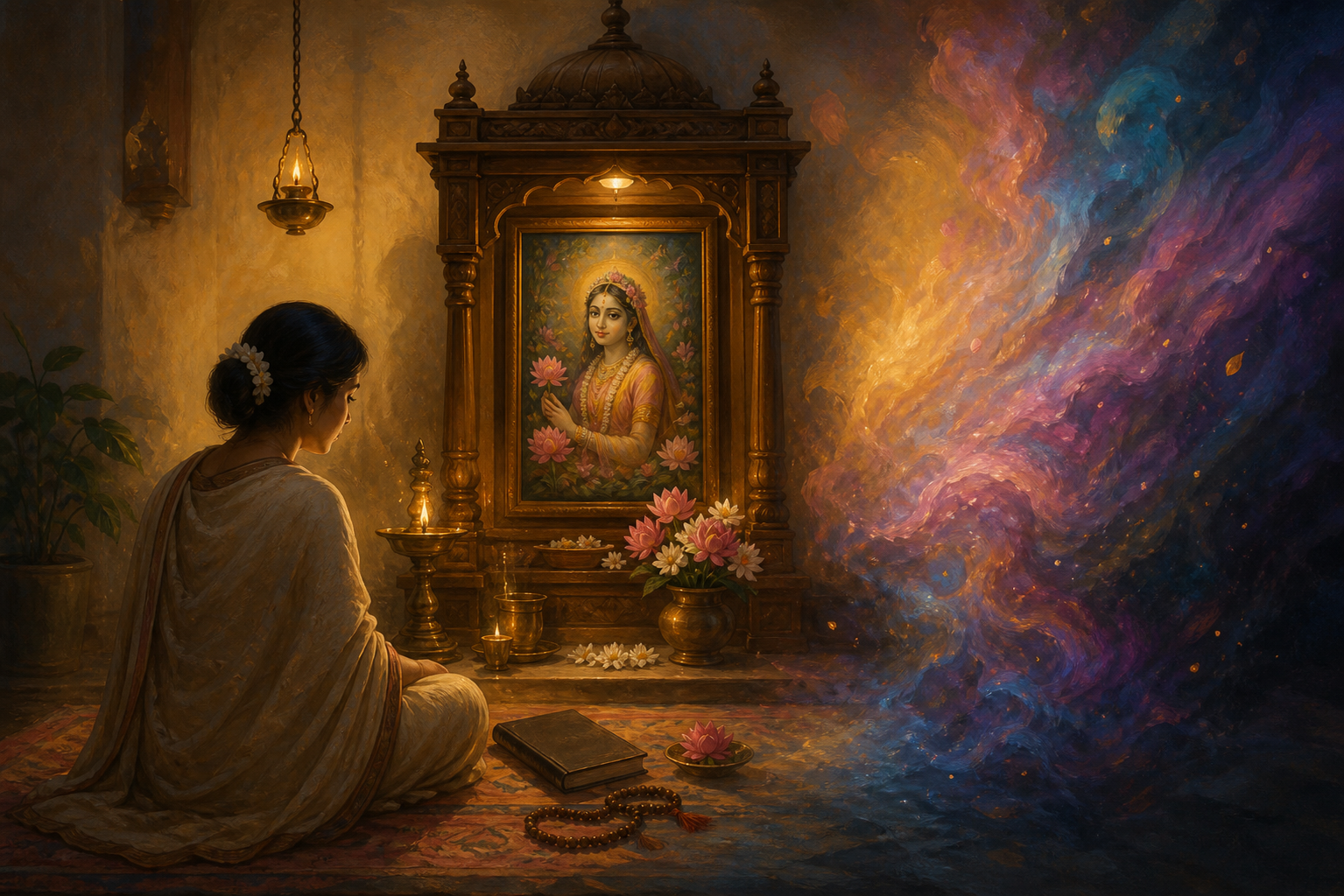 A devotee calmly contemplates a shrine beside prayer beads and flowers while hazy colored light fades into the darker side of the room.