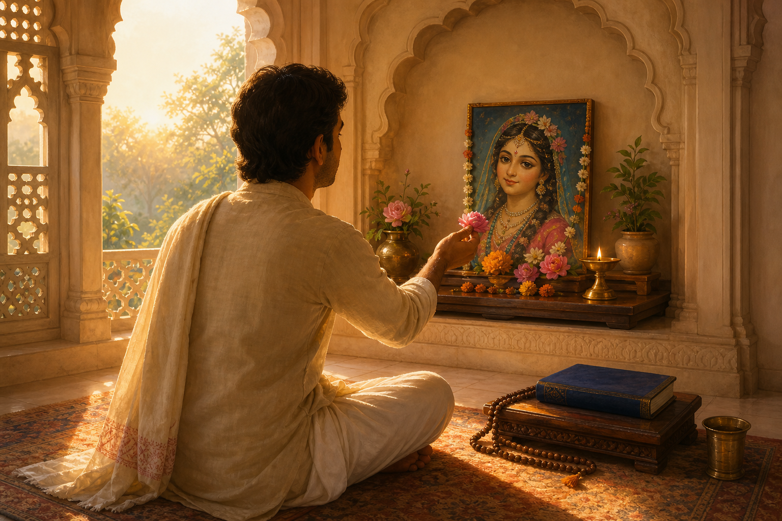 A seated practitioner offers a flower before a small image of Sri Radha in a sunrise-lit shrine room with prayer beads, a lamp, and a covered book.