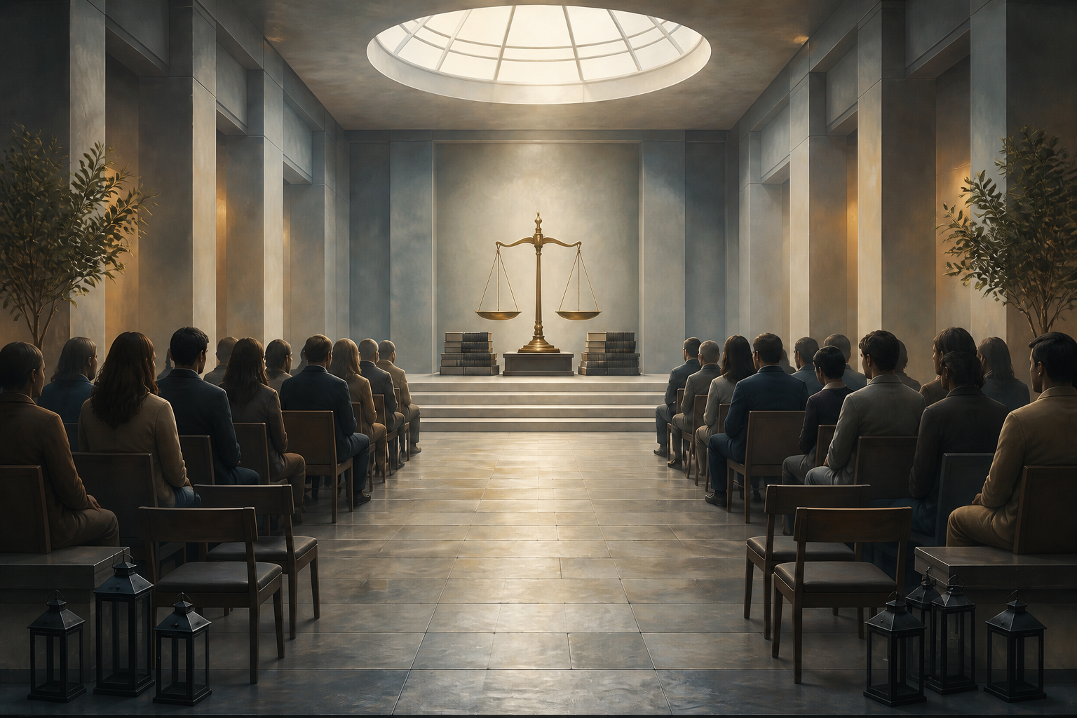Anonymous people sit on both sides of a courthouse hall facing illuminated scales, with empty chairs and small memorial lamps acknowledging loss.