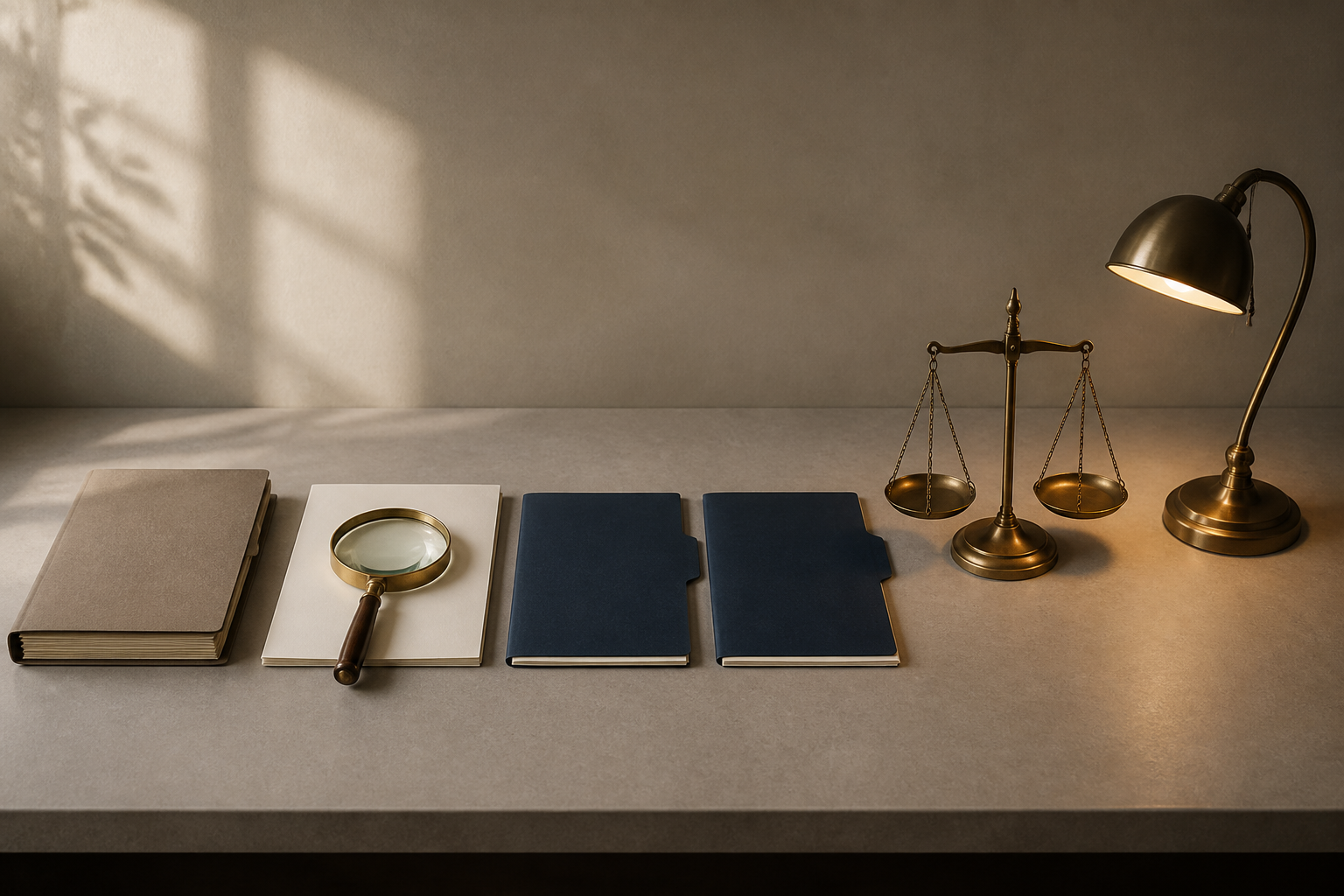 A case file, magnifying glass, separated folders, balanced scale, and reading lamp are arranged in an orderly sequence on a table.