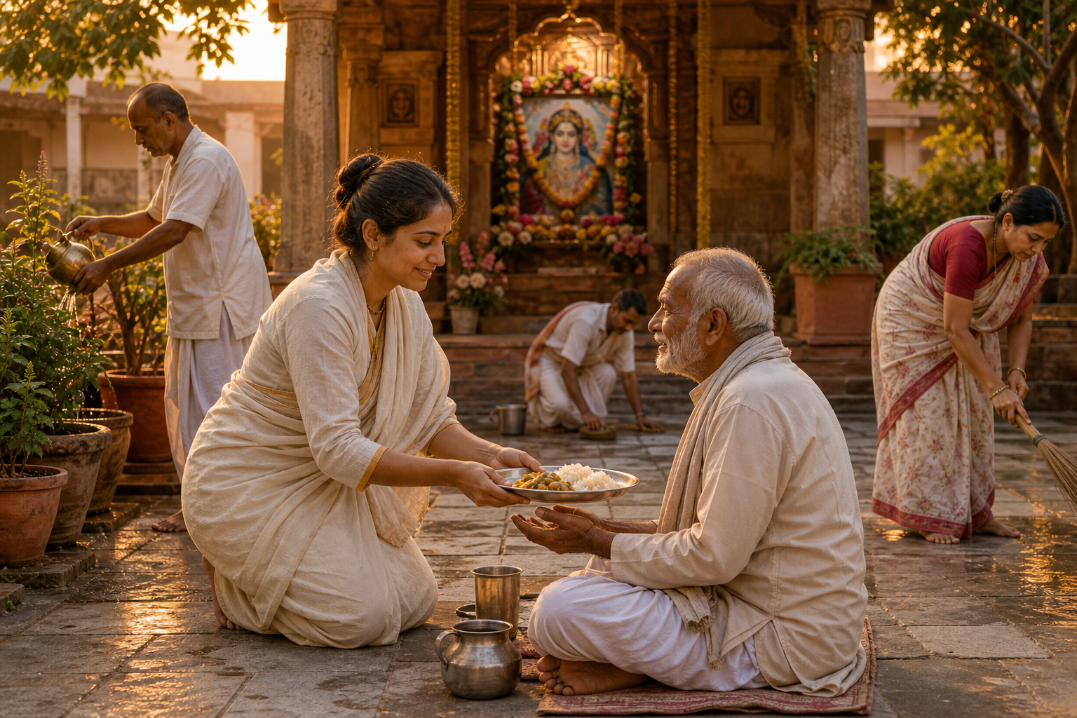 Devotees serve food, water tulasi plants, and clean a temple courtyard while a flower-framed image of Sri Radha appears in the background shrine.