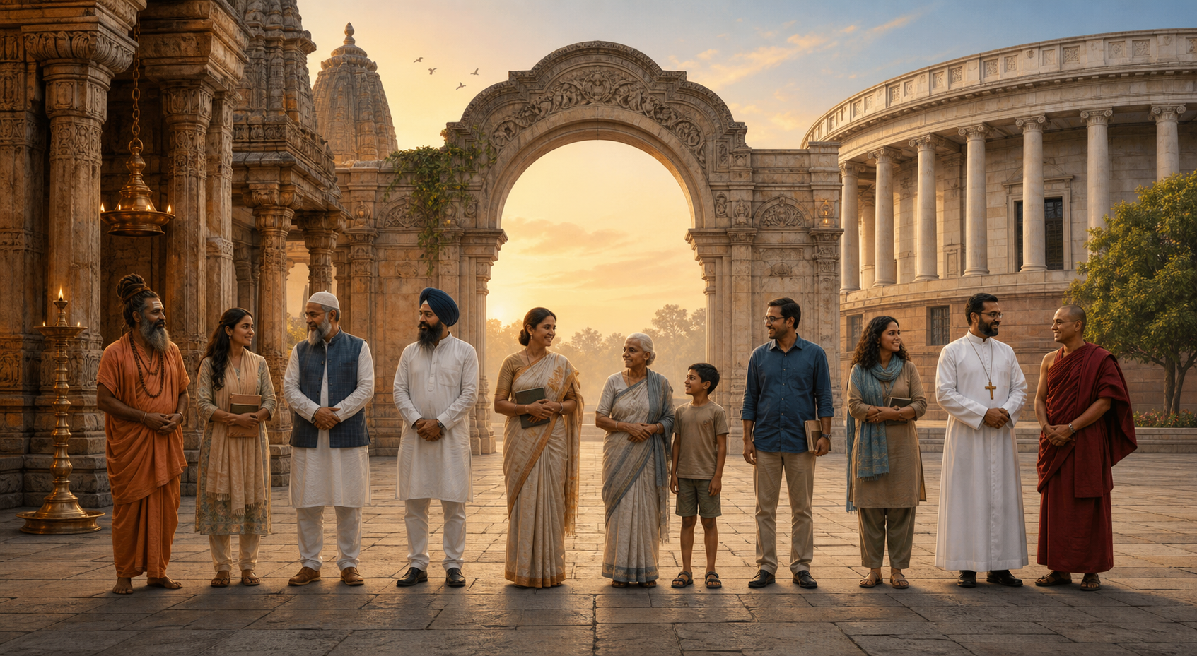 A diverse group of Indian citizens stands on an equal stone plaza between temple columns and a constitutional civic hall connected by an open arch.