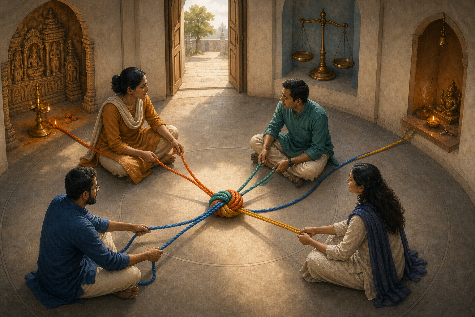 Four people around a circular table untangle colored threads leading to symbols of heritage, government, justice and private worship.