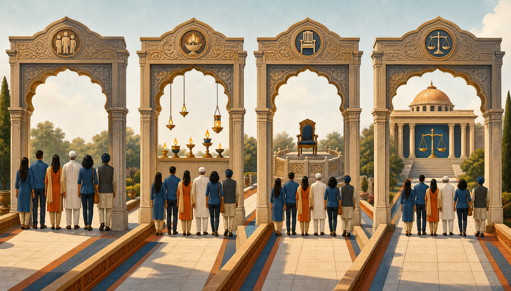 Citizens walk through four open stone gateways containing symbols of equality, freedom of conscience, limited authority and impartial justice.
