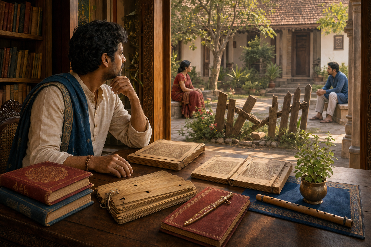 A reader considers several sacred volumes while looking toward a broken fence and two relatives waiting to reconcile in the courtyard.