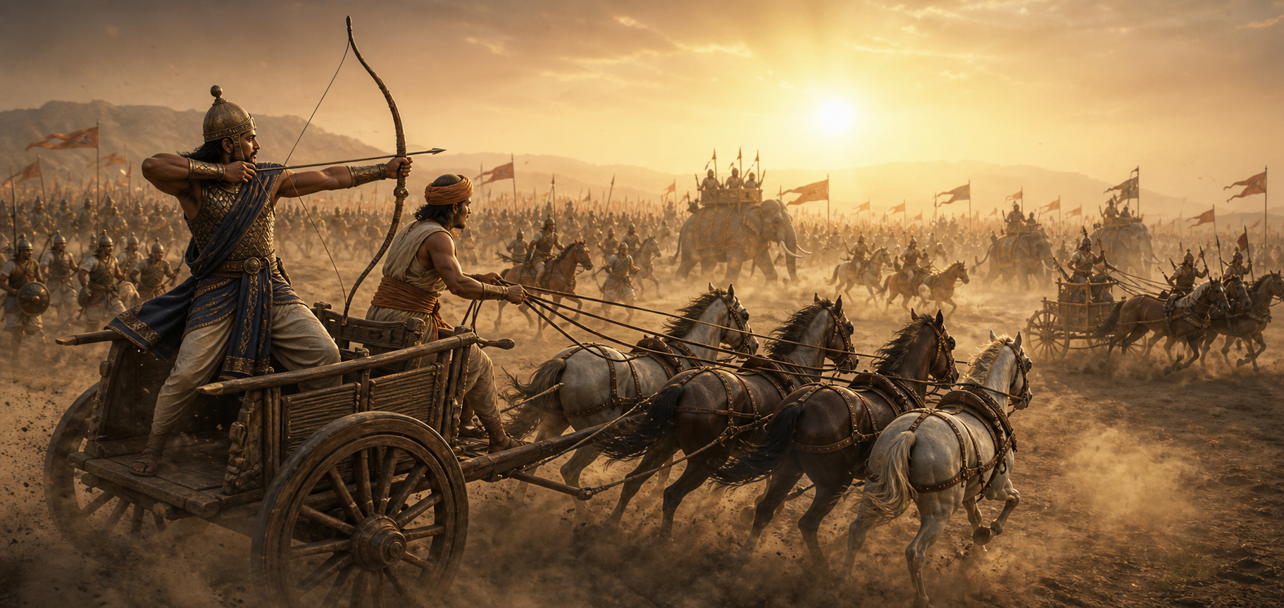An archer and charioteer ride a two-wheeled horse-drawn chariot among infantry, cavalry, elephants, and other chariots on a dusty ancient battlefield.