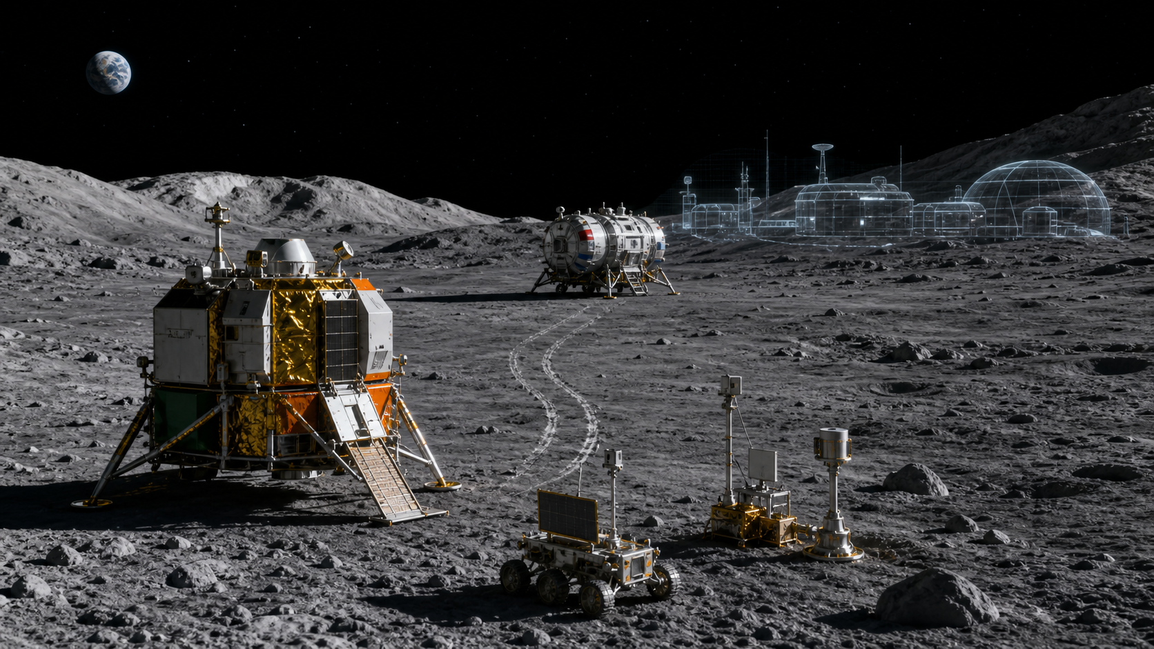A tricolor-accented robotic lander and rover on the Moon, with another cargo vehicle and a faint projected lunar outpost in the distance.