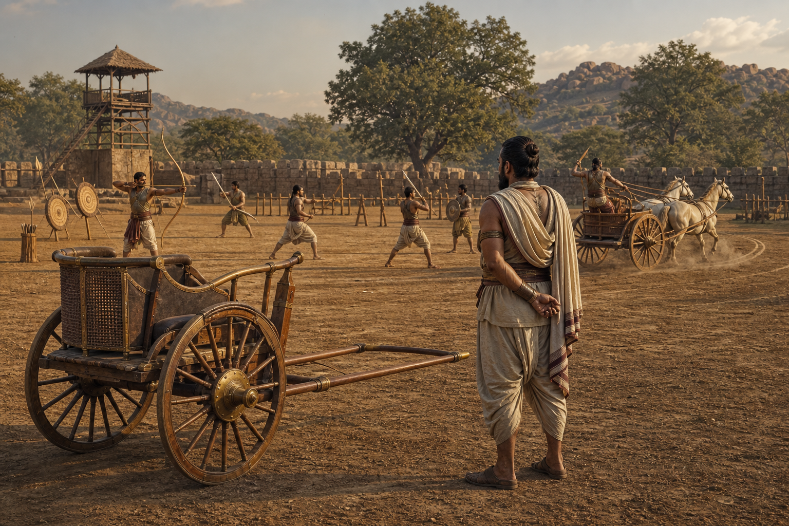 An empty two-wheeled chariot stands beside a training ground where a commander observes warriors practicing archery, weapons, and chariot control.
