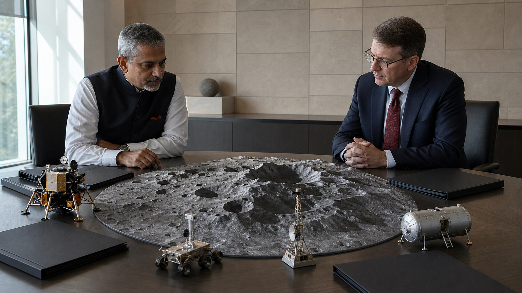 Indian and American space-programme delegates study a model of the lunar south pole and several mission vehicles during a formal meeting.