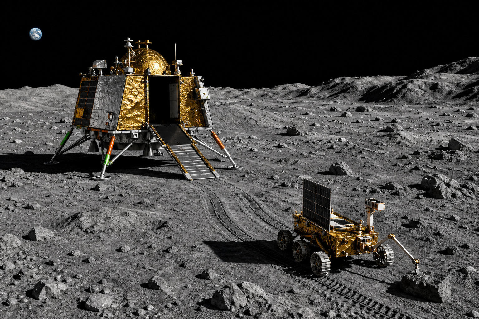 An Indian robotic lunar lander and six-wheeled rover operating on rugged terrain near the Moon's south polar region.