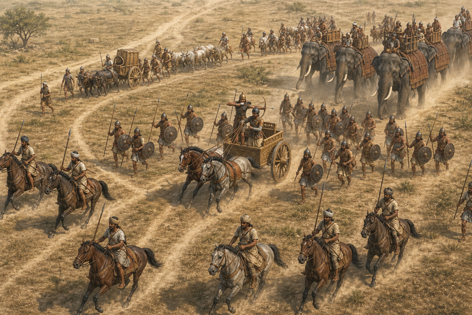 A central horse-drawn chariot operates with protecting infantry, scouting cavalry, elephants, and support attendants across an ancient battlefield.